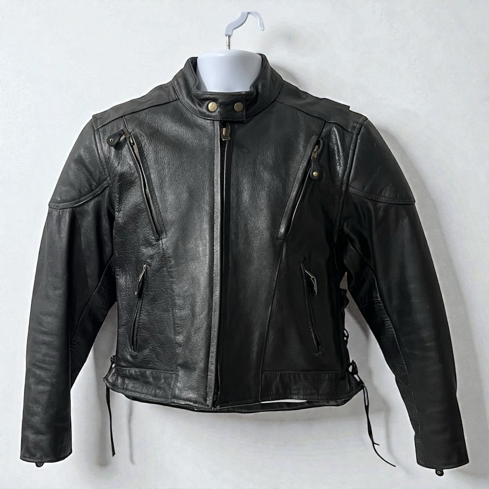 Vintage Black Full Grain Leather Moto Jacket Cropped Lace Up‎ Size M